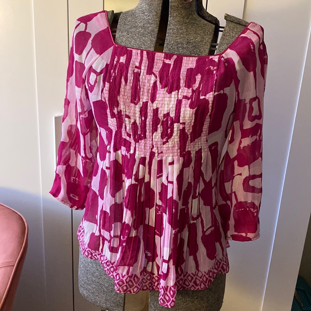 Eci Square Neck Pleated Magenta, Pink & White Blouse L